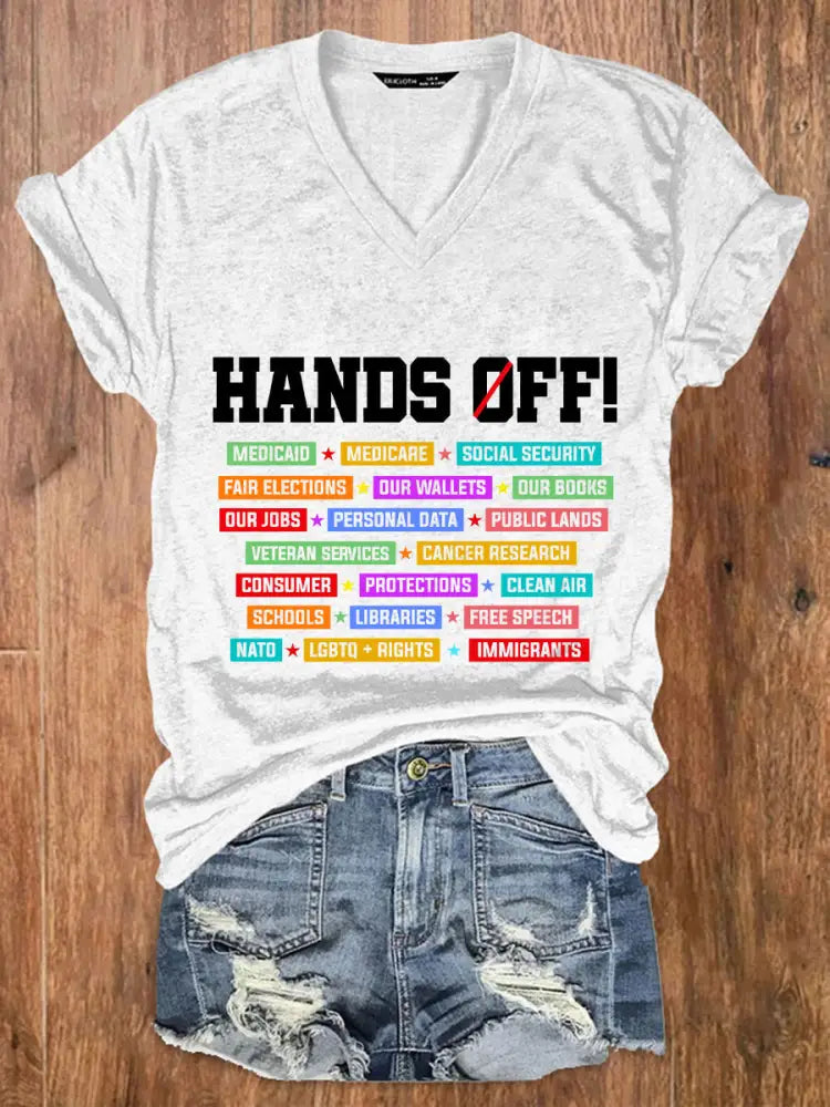 Women’s Hands Off My Social Security V Neck T-Shirt White / S