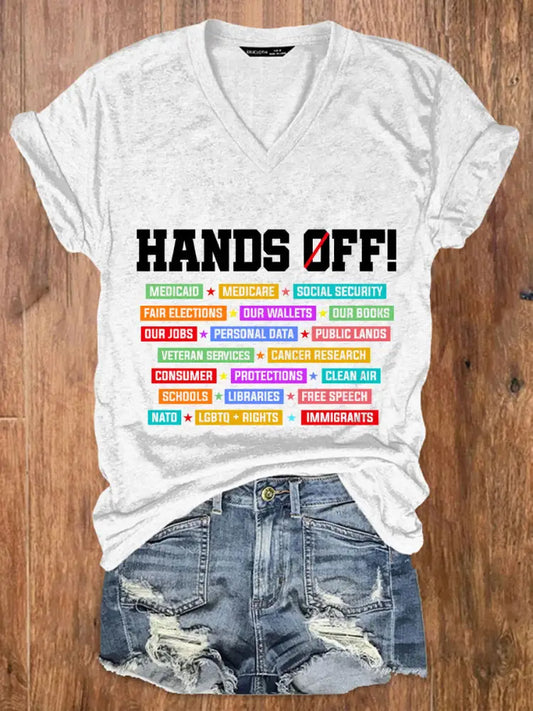 Women’s Hands Off My Social Security V Neck T-Shirt White / S