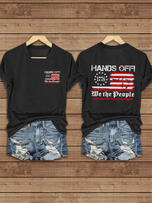 Women’s Hands Off We the People America Flag Printed Short Sleeve T-Shirt Black / S