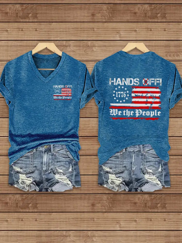 Women’s Hands Off We the People America Flag Printed Short Sleeve T-Shirt Blue / S