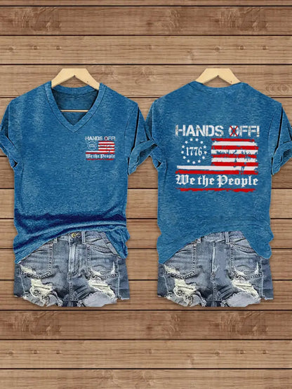 Women’s Hands Off We the People America Flag Printed Short Sleeve T-Shirt Blue / S