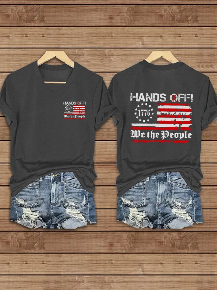 Women’s Hands Off We the People America Flag Printed Short Sleeve T-Shirt Dark Gray / S