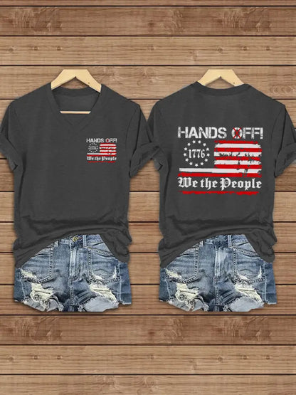 Women’s Hands Off We the People America Flag Printed Short Sleeve T-Shirt Dark Gray / S