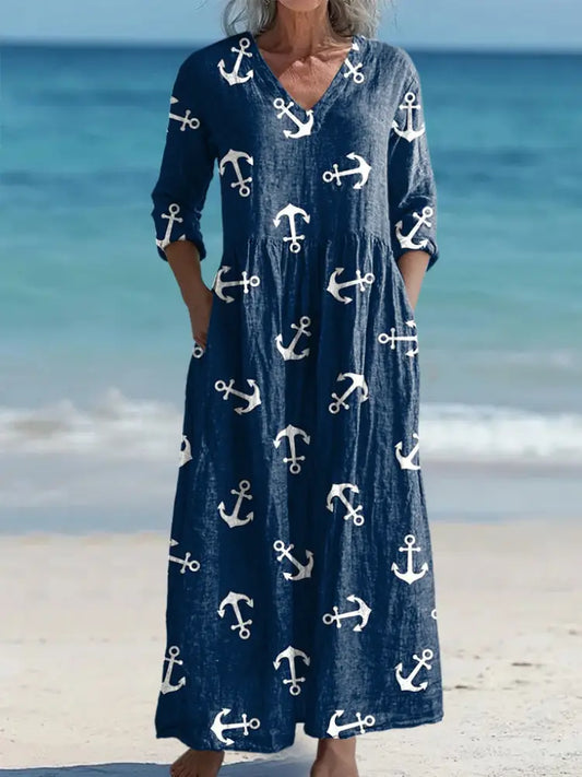 Women’s Holiday Anchor Print Dress Navy Blue / S