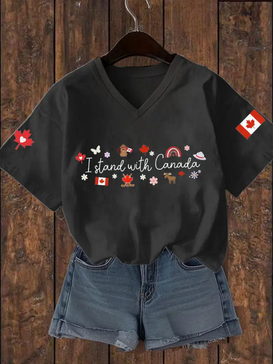Women’s I Stand With Canada Printed V-neck T-shirt Black / S
