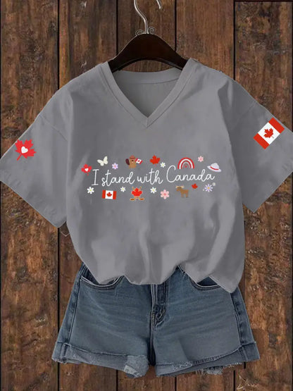 Women’s I Stand With Canada Printed V-neck T-shirt Light Gray / S