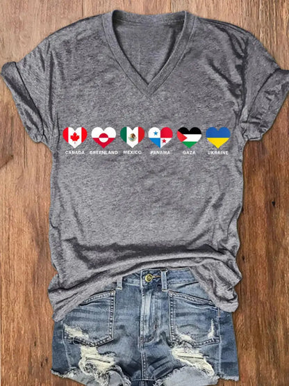 Women’s I Stand WIth Them Flags Print V-Neck Short Sleeve T-Shirt Light Gray / 2XL