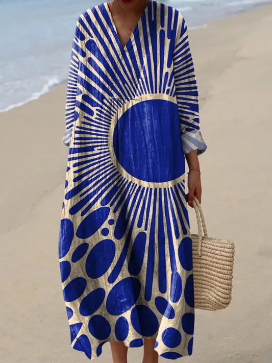 Women’s Irregular Geometric Art Print Cotton And Linen Dress Blue / S
