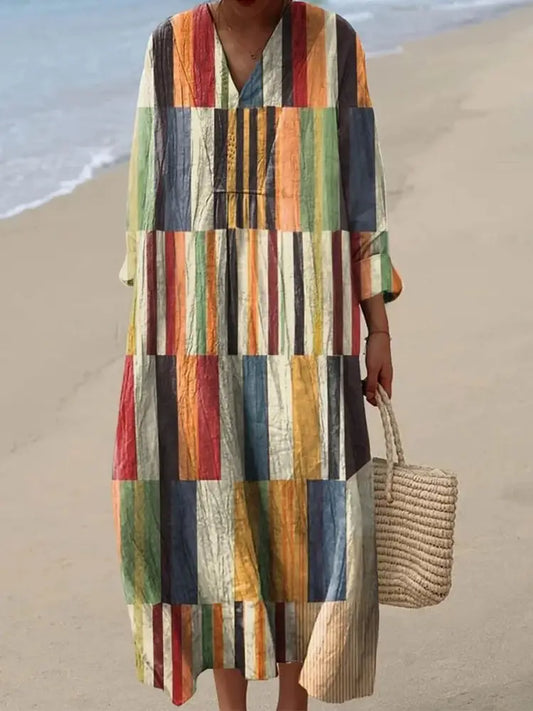 Women’s Irregular Geometric Art Print Cotton And Linen Dress Colorful / S