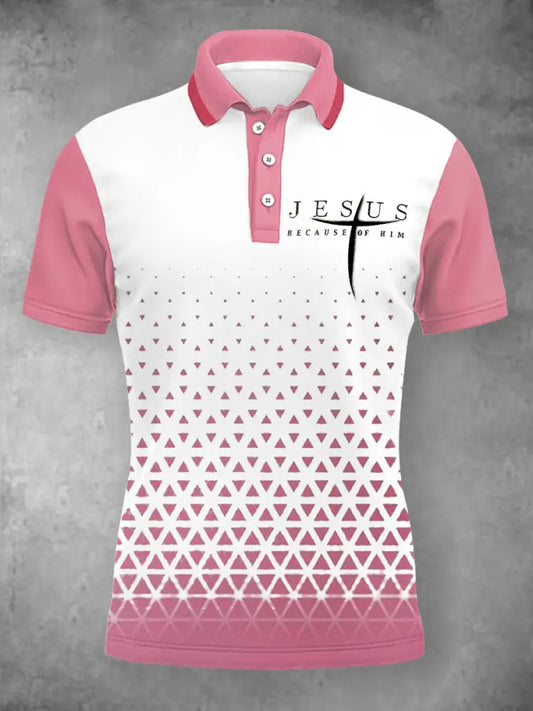 Women’s Jesus Cross Print Hatthree Buttons Short Sleeve POLO T-Shirt Pink / S
