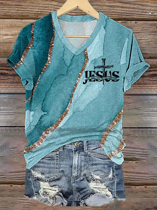 Women’s Jesus The Way The Truth The Life Cross Faith Art Print Casual V-Neck Tee Blue / S