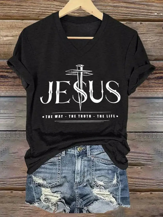 Women’s Jesus The Way The Truth The Life Printed Casual Short Sleeve T-Shirt Black / S