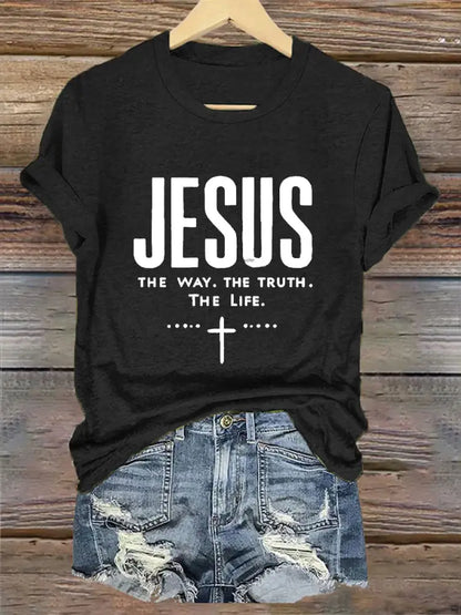Women’s Jesus The Way The Truth The Life Printed Casual Short Sleeve T-Shirt Black / S