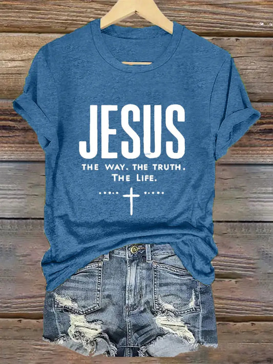 Women’s Jesus The Way The Truth The Life Printed Casual Short Sleeve T-Shirt Blue / S