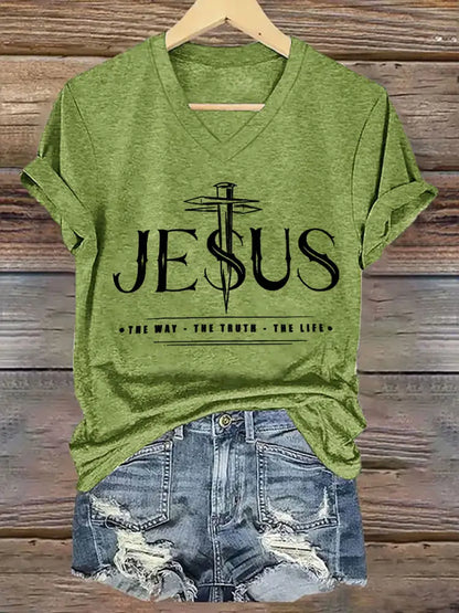 Women’s Jesus The Way The Truth The Life Printed Casual Short Sleeve T-Shirt Green / S