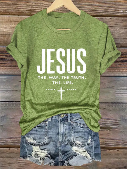 Women’s Jesus The Way The Truth The Life Printed Casual Short Sleeve T-Shirt Green / S
