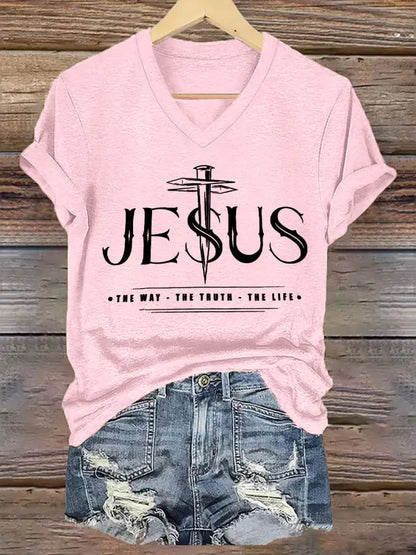 Women’s Jesus The Way The Truth The Life Printed Casual Short Sleeve T-Shirt Light Pink / S