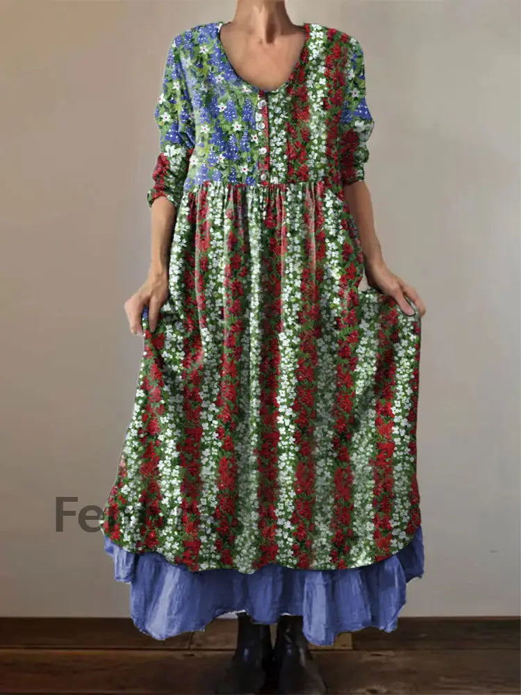 Women’s Memorial Day Poppy Flag Veteran Poppy Flag Printed Dress As picture / S