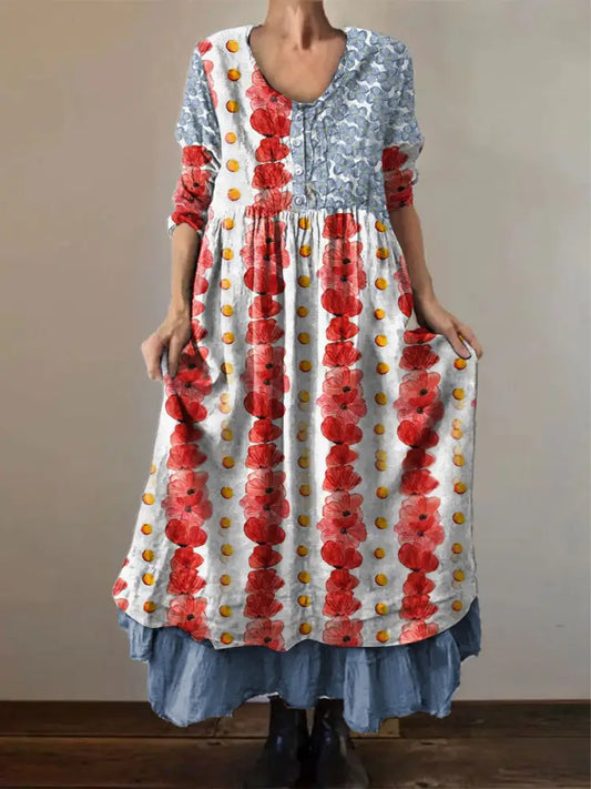 Women’s Memorial Day Poppy Flag Veteran Printed Dress As picture / S