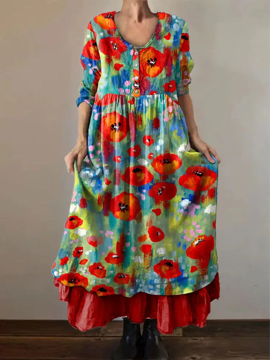 Women’s Memorial Day Poppy Flag Veteran Poppy Flag Printed Dress Red / S