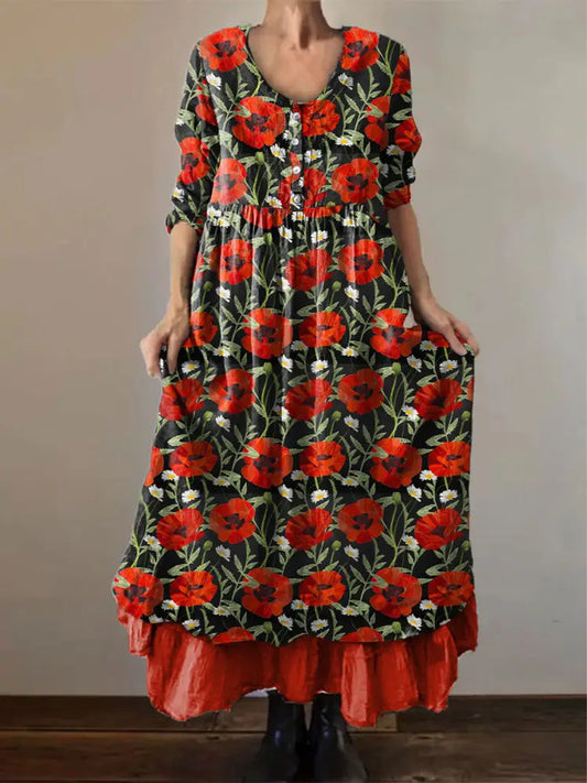 Women’s Memorial Day Poppy Flag Veteran Poppy Flag Printed Dress Red / S
