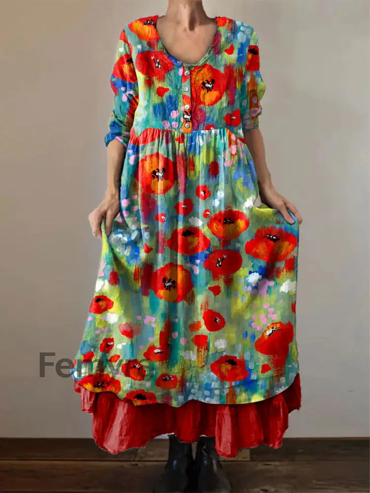Women’s Memorial Day Poppy Flag Veteran Poppy Flag Printed Dress Red / S