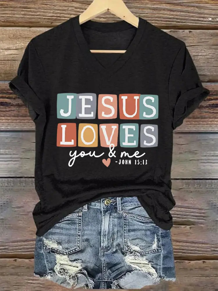 Women’s Mom Love Like Jesus Mother’s Day Faith Printed V-neck Short Sleeve T-Shirt Black / S