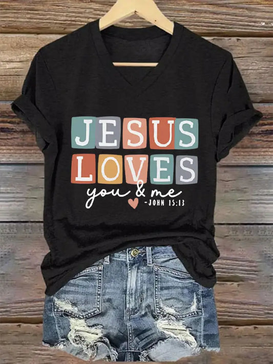 Women’s Mom Love Like Jesus Mother’s Day Faith Printed V-neck Short Sleeve T-Shirt Black / S
