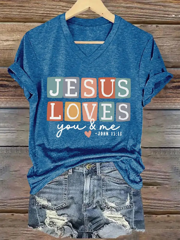 Women’s Mom Love Like Jesus Mother’s Day Faith Printed V-neck Short Sleeve T-Shirt Blue / S