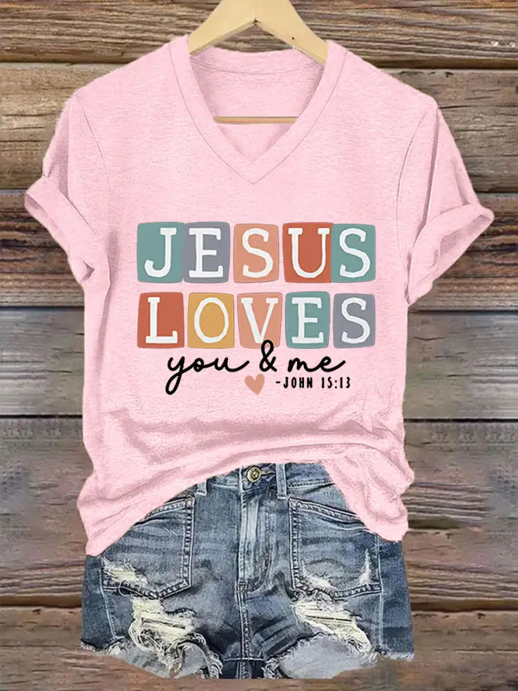 Women’s Mom Love Like Jesus Mother’s Day Faith Printed V-neck Short Sleeve T-Shirt Light Pink / S