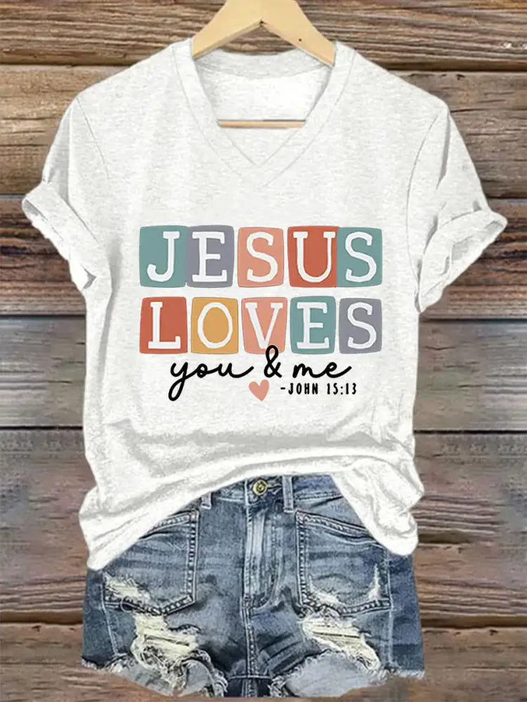 Women’s Mom Love Like Jesus Mother’s Day Faith Printed V-neck Short Sleeve T-Shirt White / S