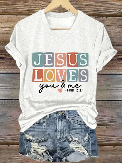 Women’s Mom Love Like Jesus Mother’s Day Faith Printed V-neck Short Sleeve T-Shirt White / S
