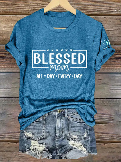Women’s Mother’s Day Bless Mom Every Day Faith Printed Casual T-shirt Blue / S
