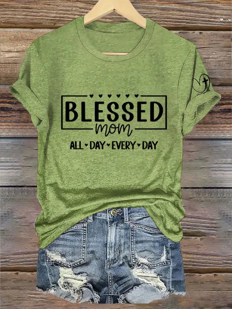 Women’s Mother’s Day Bless Mom Every Day Faith Printed Casual T-shirt Green / S