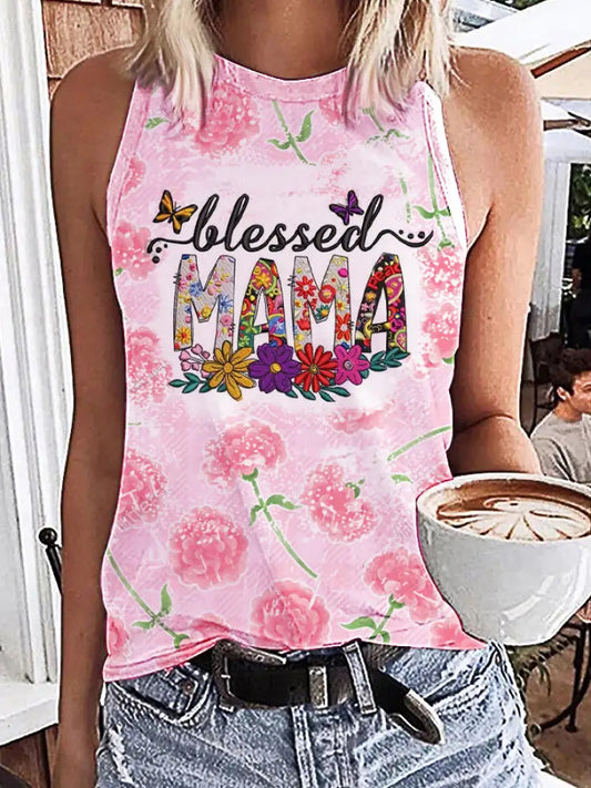 Women’s Mother’s Day Blessed MAMA Flowers Printed Vests Light Pink / S