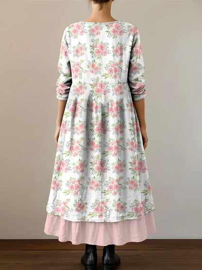 Women’s Mother’s Day Carnations Flowers Printed Long Sleeve Cotton Linen Maxi Dress