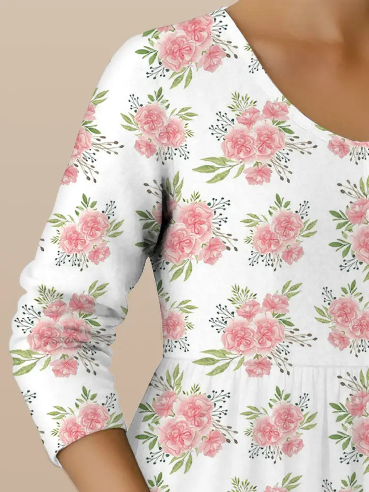 Women’s Mother’s Day Carnations Flowers Printed Long Sleeve Cotton Linen Maxi Dress