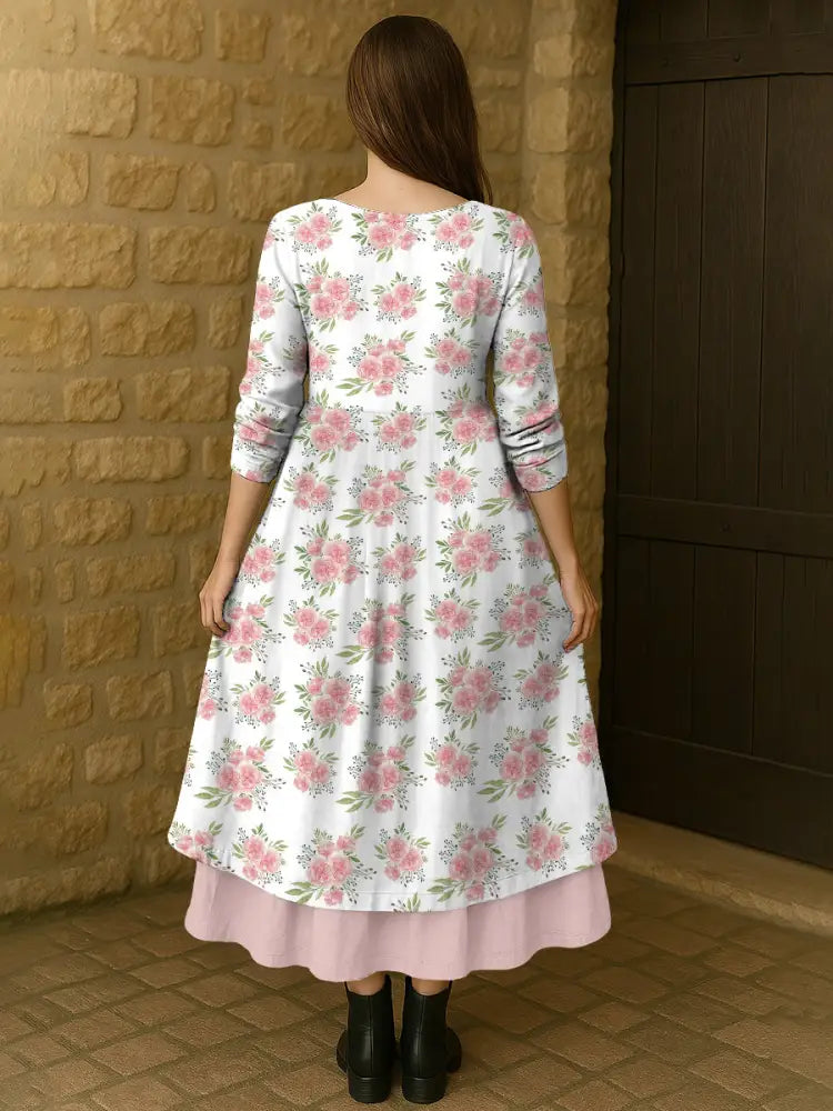 Women’s Mother’s Day Carnations Flowers Printed Long Sleeve Cotton Linen Maxi Dress