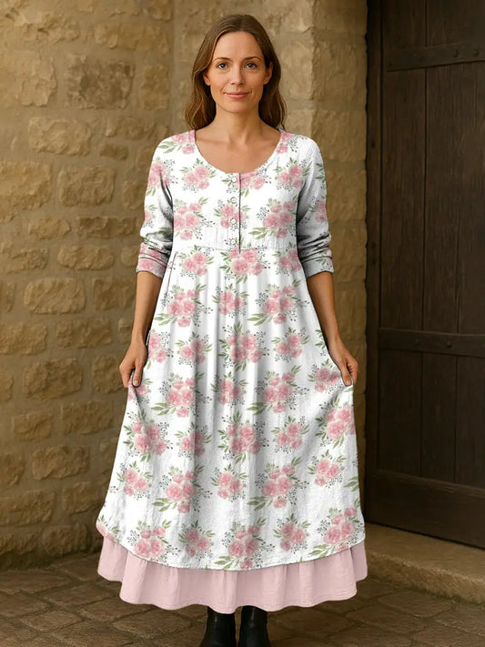 Women’s Mother’s Day Carnations Flowers Printed Long Sleeve Cotton Linen Maxi Dress