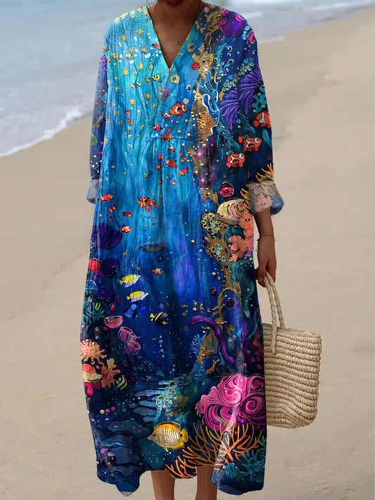 Women’s Ocean Fish Art Print Dress Colorful / S