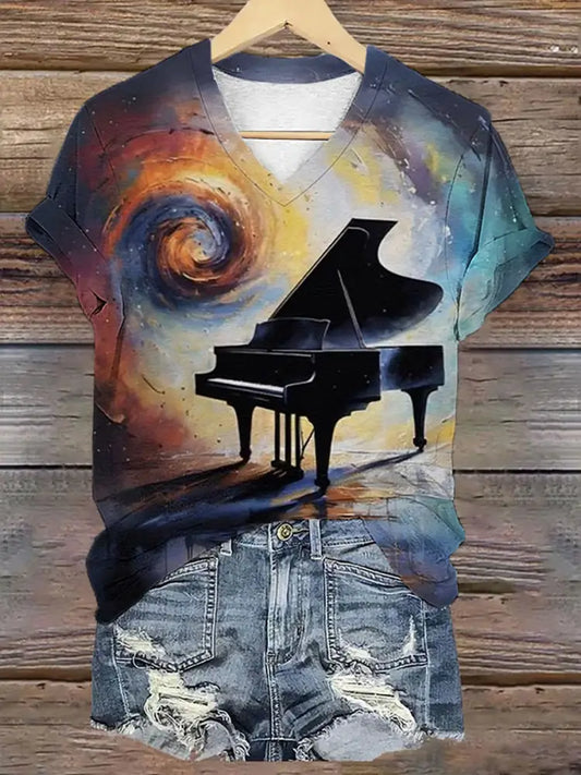 Women’s Piano Print V Neck T-Shirt As picture / S