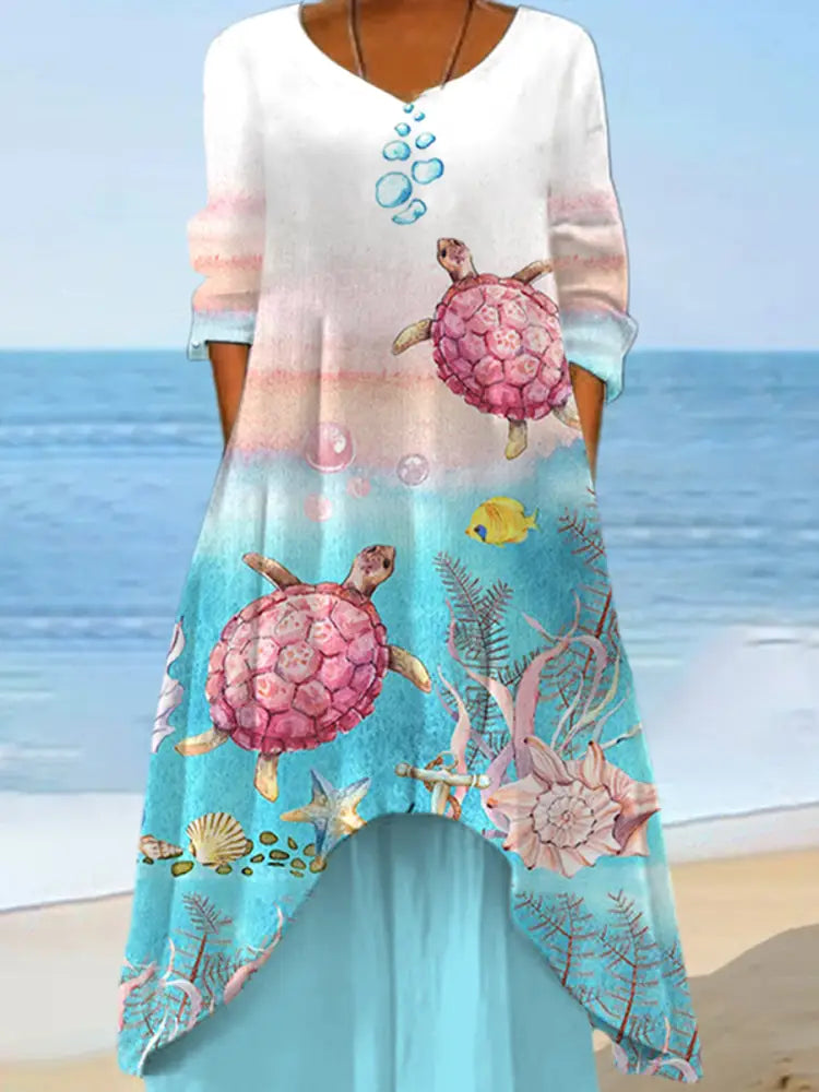 Women’s Pink Sea Turtle Print Summer Beach Ocean Vacation Casual Dress