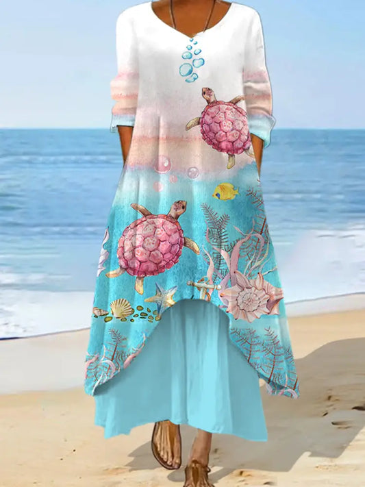Women’s Pink Sea Turtle Print Summer Beach Ocean Vacation Casual Dress Blue / S