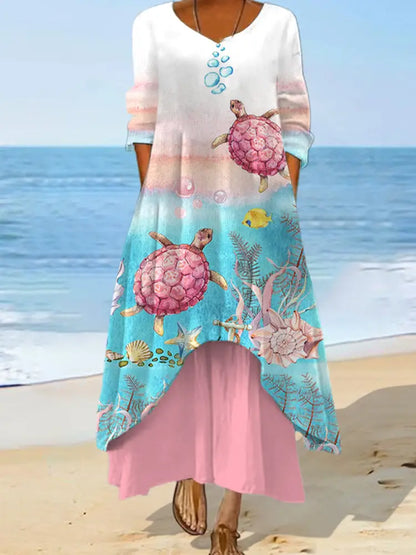 Women’s Pink Sea Turtle Print Summer Beach Ocean Vacation Casual Dress Pink / S