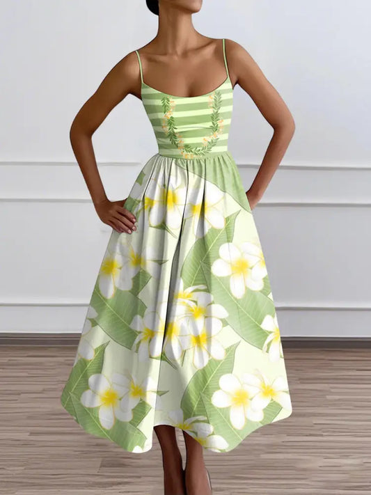 Women’s Plumeria And Pakalana Lei Vacation Sleeveless Dress Green / S