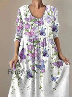 Women’s Purple Butterflies Flowers Print Alzheimer’s Awareness Support Dress