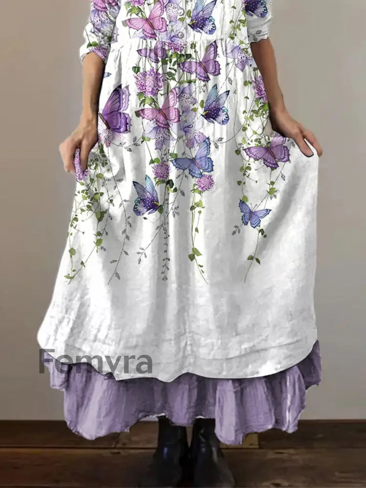 Women’s Purple Butterflies Flowers Print Alzheimer’s Awareness Support Dress