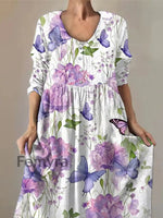 Women’s Purple Butterflies Flowers Print Alzheimer’s Awareness Support Dress