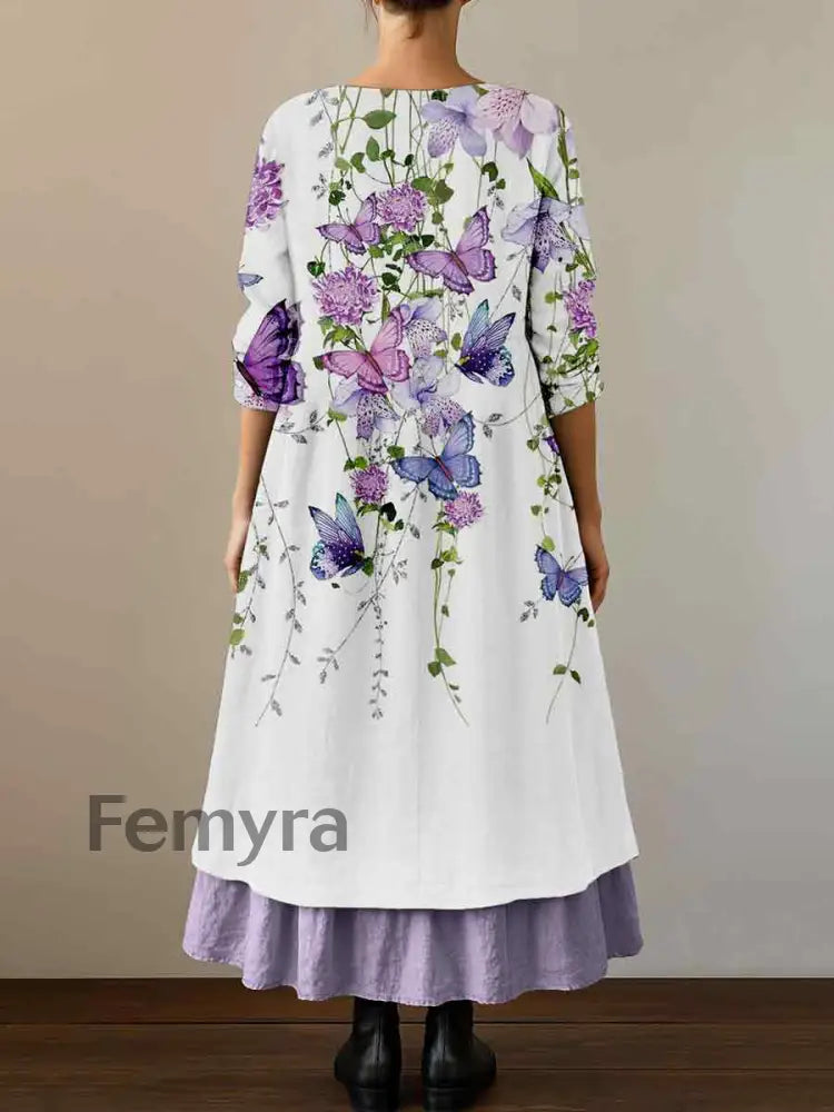 Women’s Purple Butterflies Flowers Print Alzheimer’s Awareness Support Dress