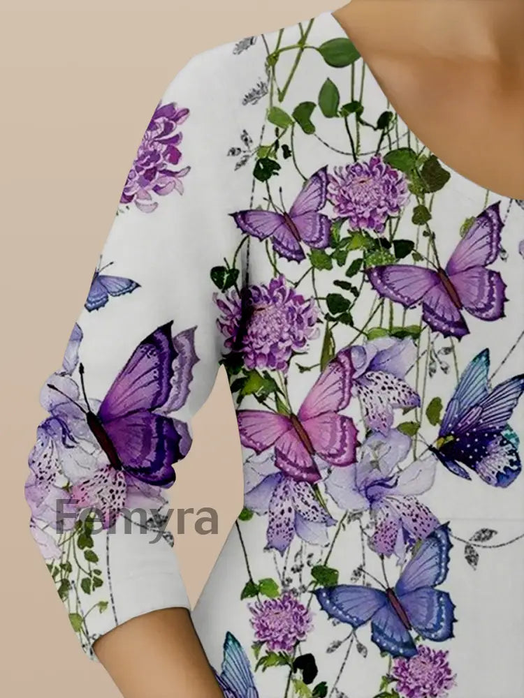 Women’s Purple Butterflies Flowers Print Alzheimer’s Awareness Support Dress